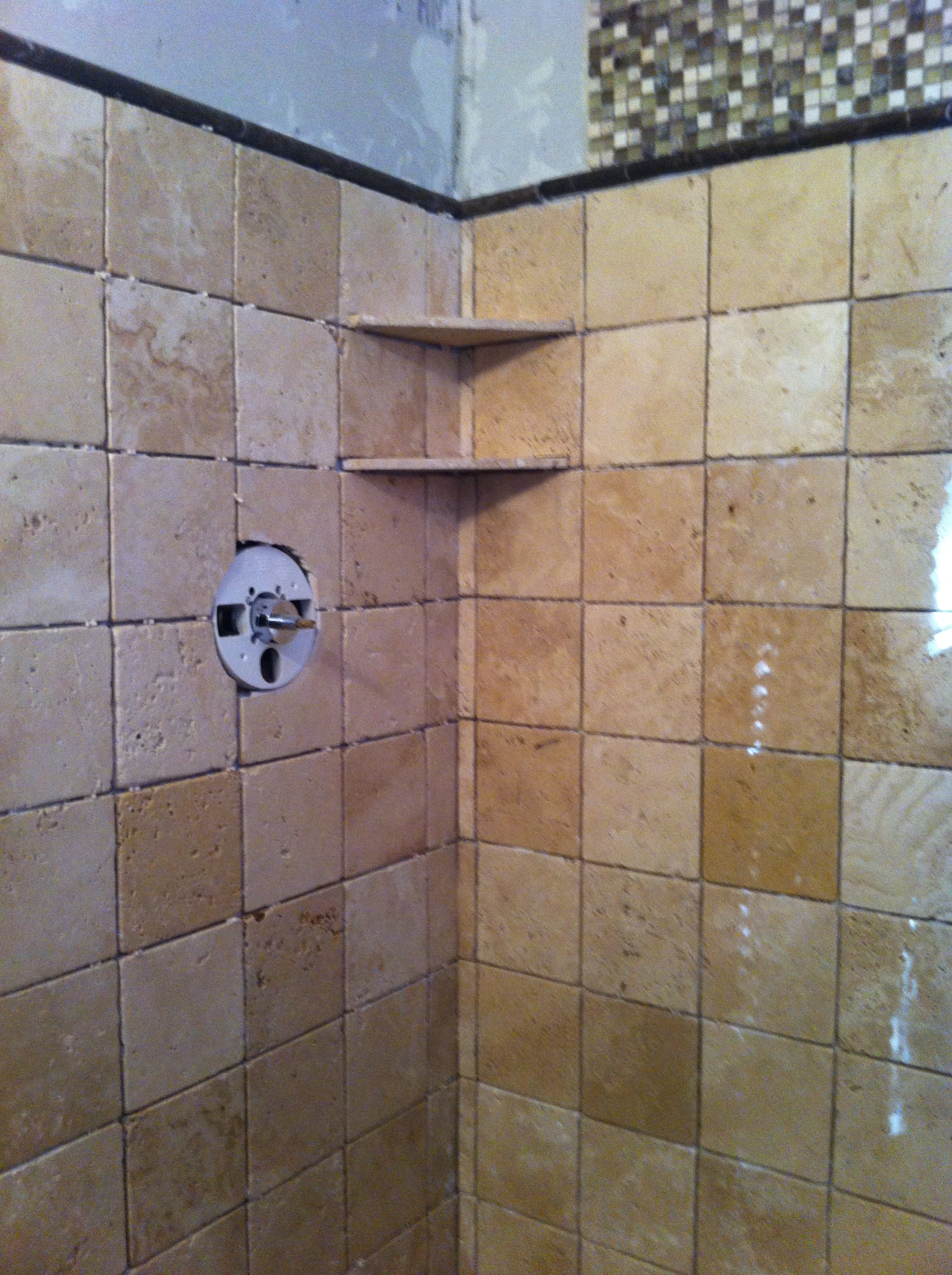 How to make a corner shower shelf using tile A Girl Can ...